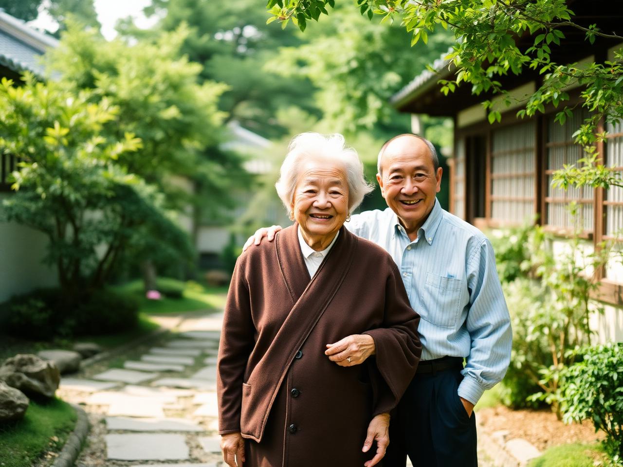 A healthy elderly Japanese couple together in a traditional garden