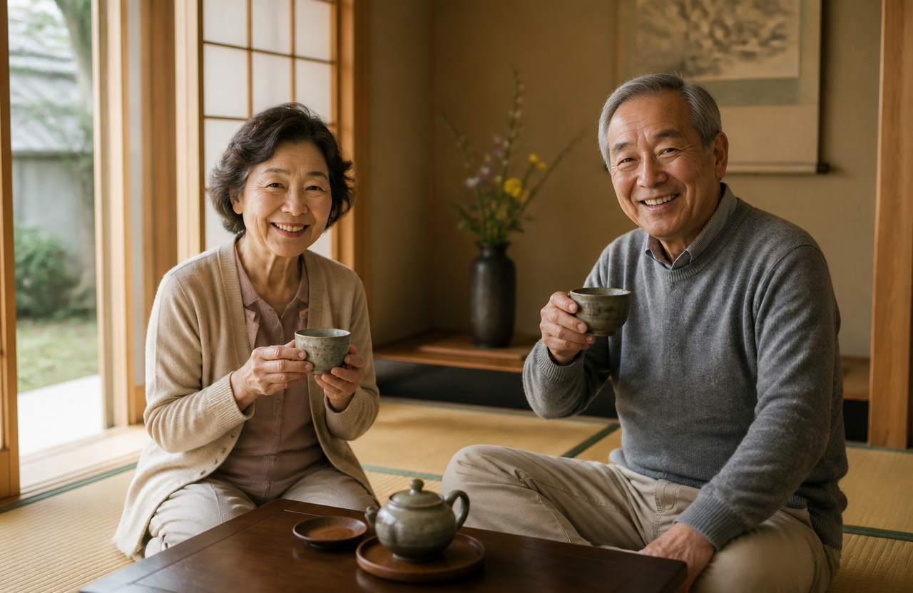An elderly Japanese couple sitting together drinking tea on a tatami mat