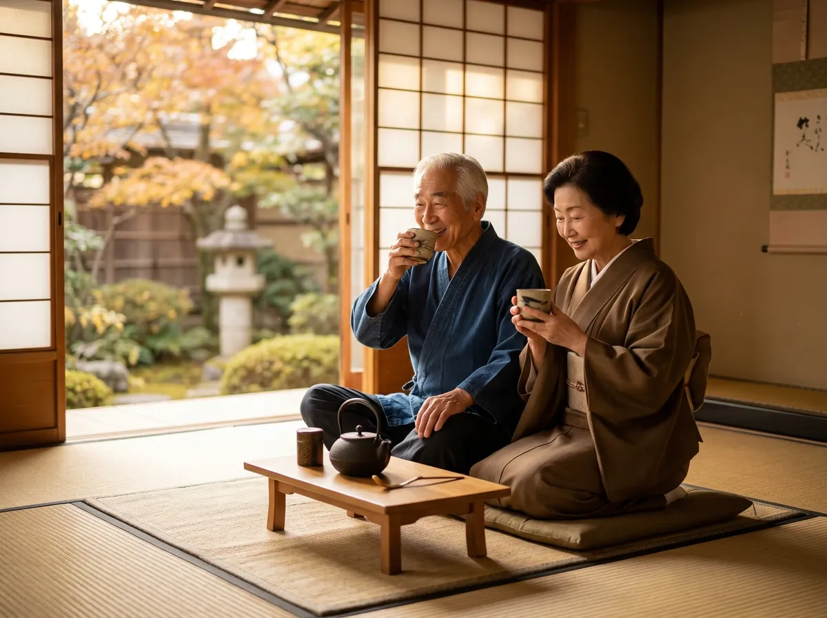 An elderly Japanese couple sitting together drinking tea on a tatami mat